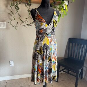 Hale Bob Silk Midi Dress Small– Eclectic Floral Print, V-Neck‎ Tank Style